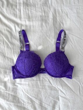Purple Floral Lace Victoria’s Secret Rhinestone Strap Bra 34A